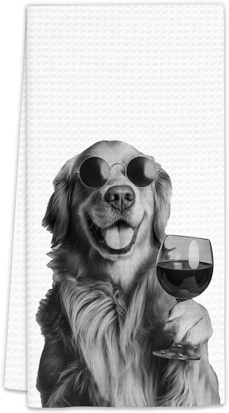 FIicy Golden Retriever Gifts Wine Kitchen Towels, Gifts for Golden Retriever Dog Wine Lovers Decorative Hand Dish Towel for Kitchen Home Bar, Funny GoldenRetriever Dog Owners Home Bar Decor(16x24In) - Image 1